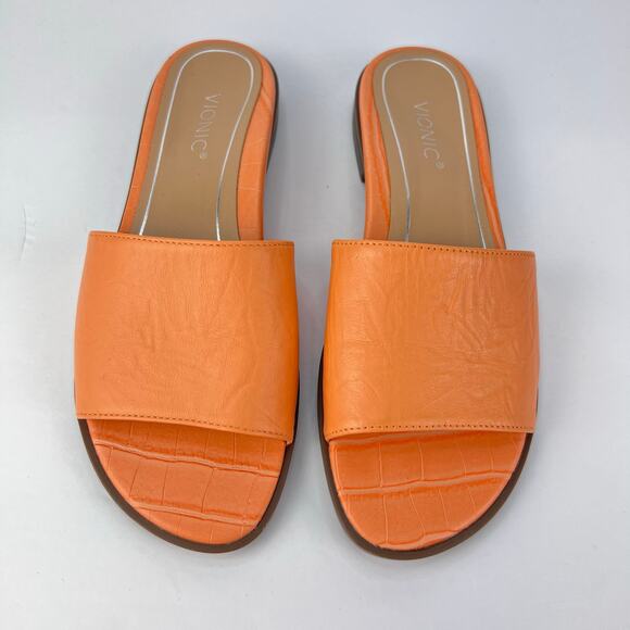 Vionic 5 Demi CROCODILE CITRINE Peach Leather Women's Comfort Slide Sandals - Picture 1 of 9